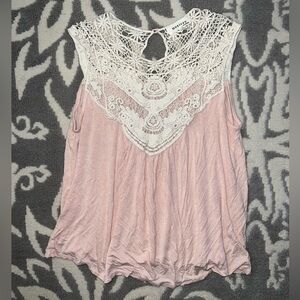 Size M Monteau Crochet Embroidered Neck Blouse Top Light Pink White Flowy